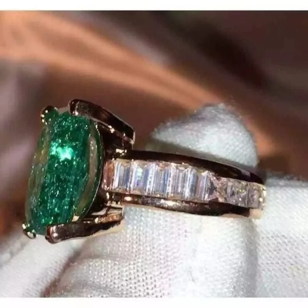 New 6 Rose Gold Simulated Emerald Cocktail Ring Antique Solitaire Baguettes CZ